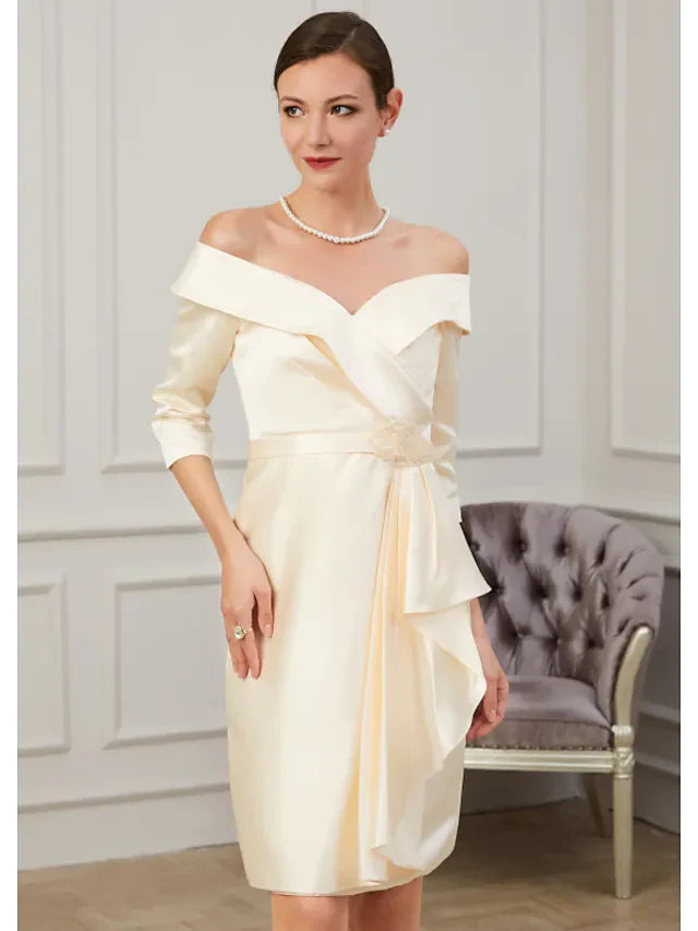 Wholesale Mother of the Bride Dress Plus Size Off Shoulder Knee Length Polyester Half Sleeve with Ruffles Ruching