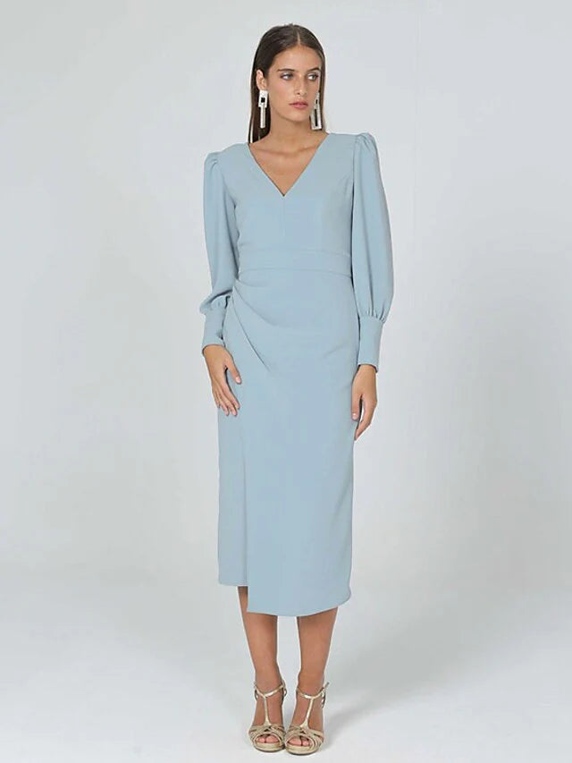 Wholesale Mother of the Bride Dress Elegant V Neck Tea Length Stretch Fabric Long Sleeve with Ruching