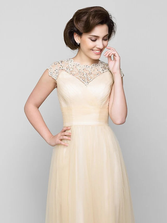 Wholesale A-Line Mother of the Bride Dress See Through Jewel Neck Floor Length Tulle Sleeveless with Criss Cross Beading
