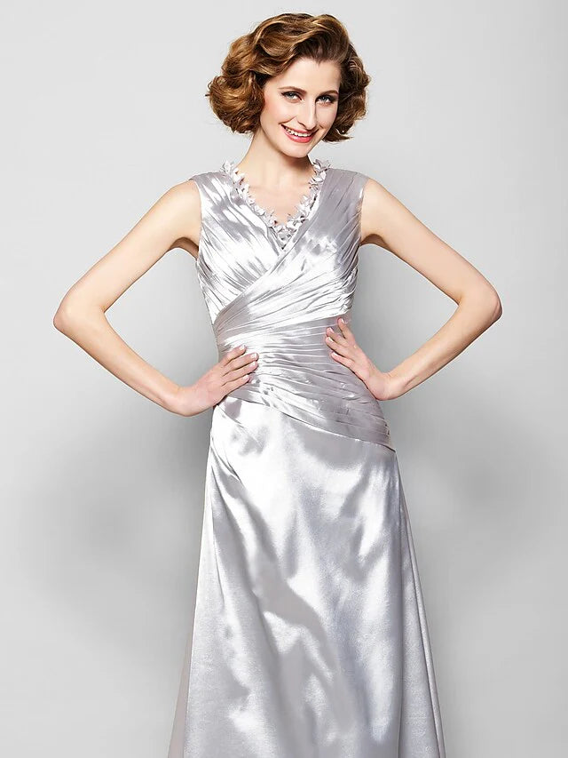 Wholesale A-Line Mother of the Bride Dress V Neck Stretch Satin Sleeveless with Criss Cross Beading Side Draping