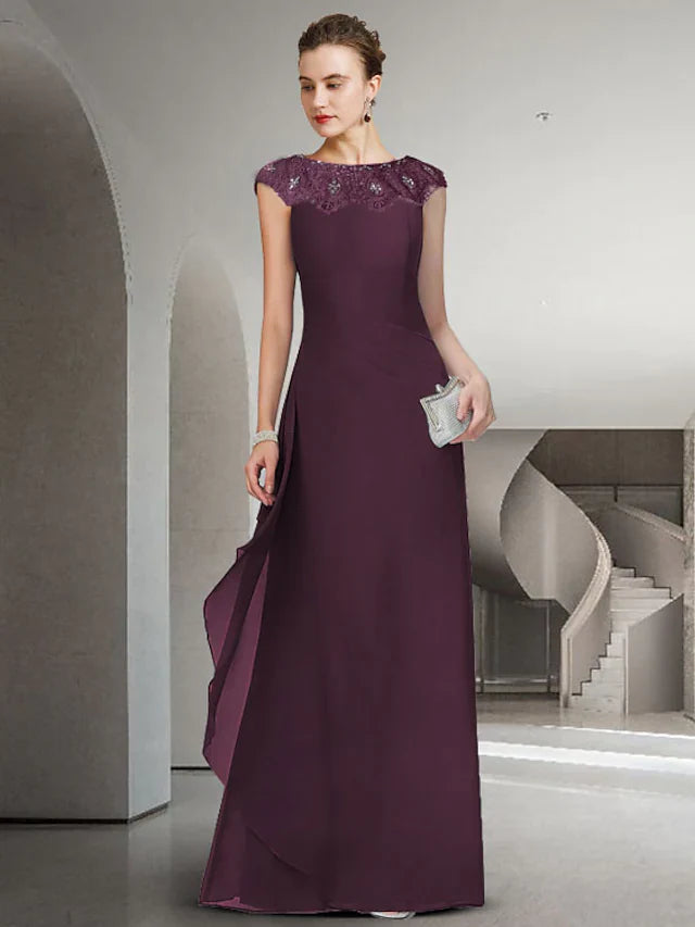 Wholesale Mother of the Bride Dress Elegant Jewel Neck Floor Length Chiffon Lace Sleeveless with Ruffles