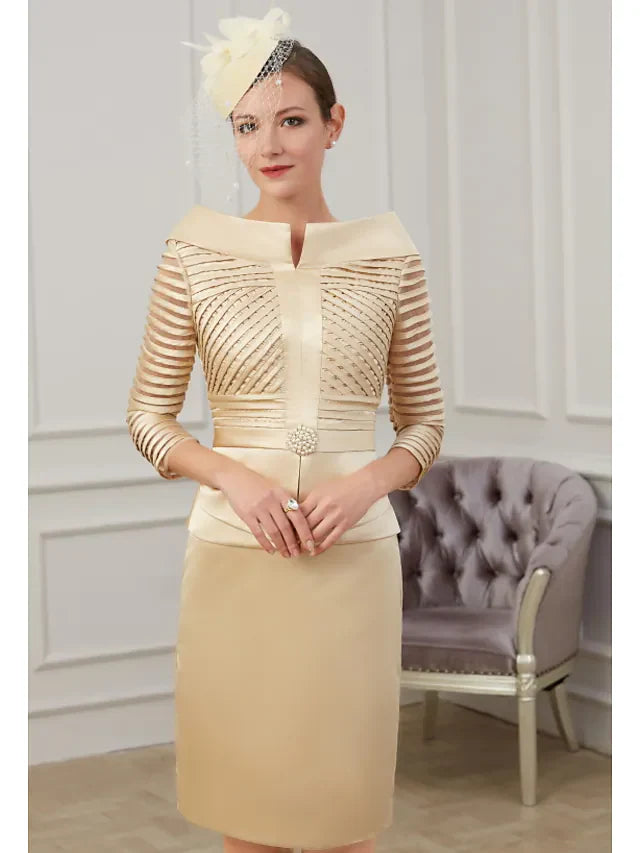 Wholesale Mother of the Bride Dress Plus Size Off Shoulder Knee Length Polyester 3/4 Length Sleeve with Ruching