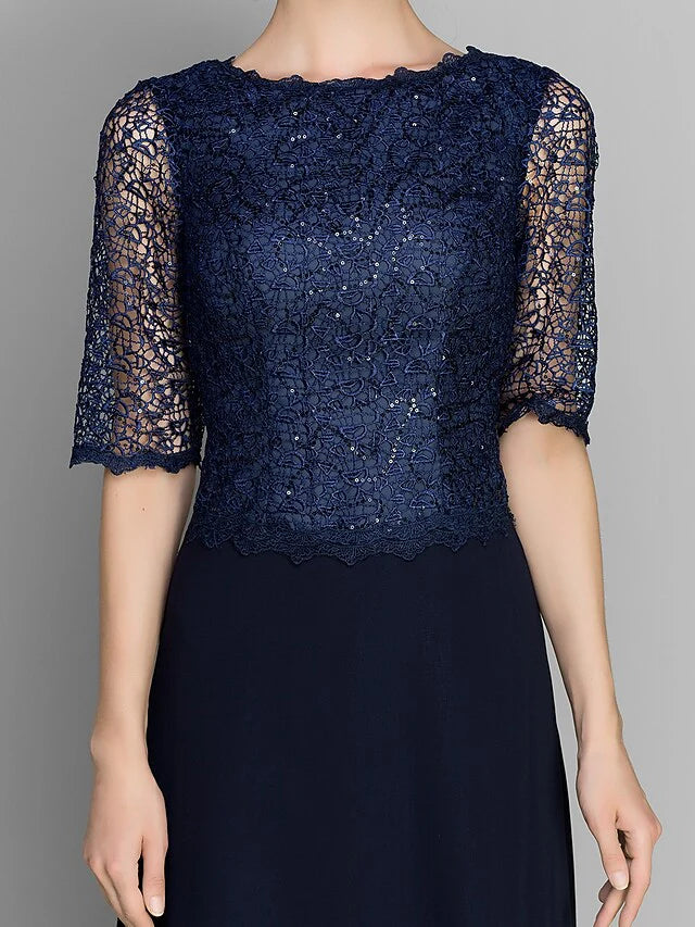 Wholesale Mother of the Bride Dress See Through Jewel Neck Ankle Length Chiffon Half Sleeve with Lace Pleats