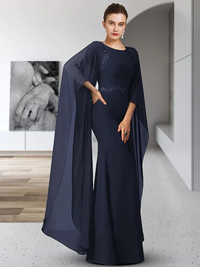 Wholesale Mother of the Bride Dress Elegant Jewel Neck Floor Length Chiffon Long Sleeve with Sash Ribbon Appliques