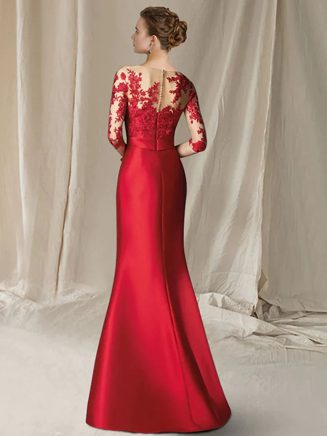 Wholesale Mother of the Bride Dress Elegant Jewel Neck Floor Length Lace Satin Half Sleeve with Bow(s) Appliques