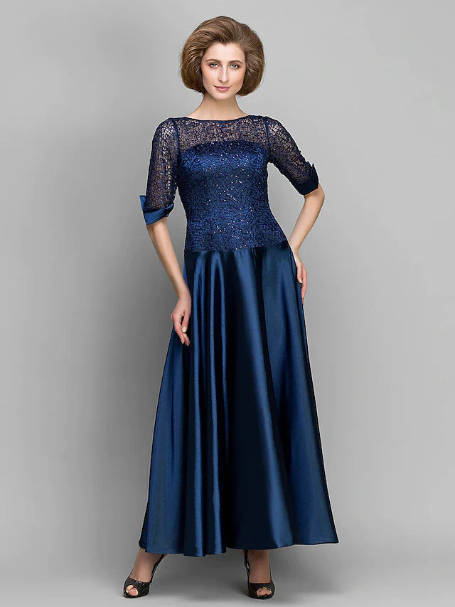 Wholesale A-Line Mother of the Bride Dress See Through Bateau Neck Ankle Length Satin Half Sleeve with Lace Pleats