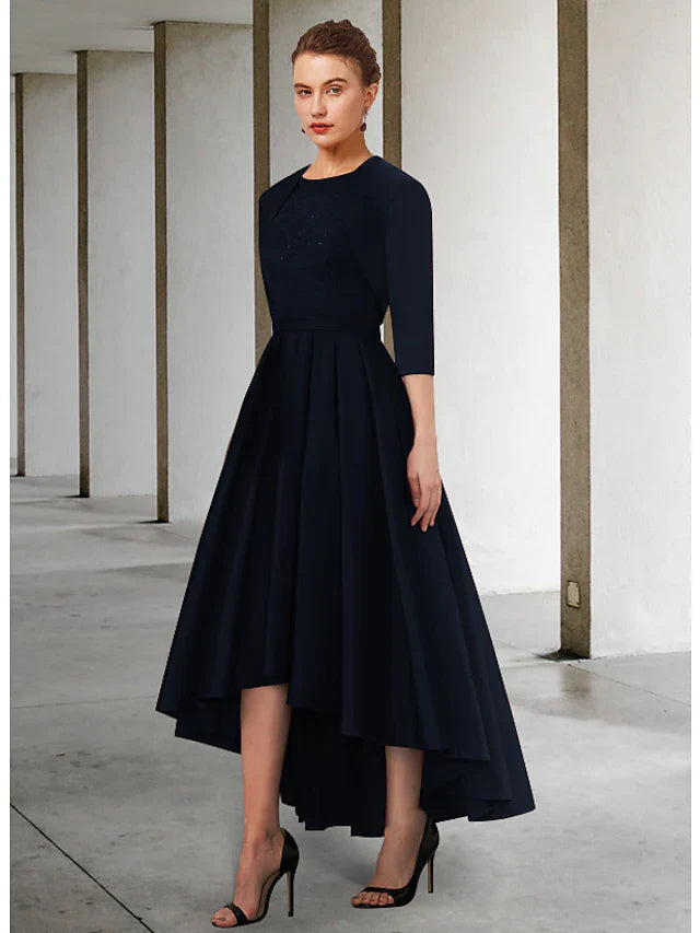 Wholesale Mother of the Bride Dress Elegant Vintage Jewel Neck Asymmetrical Lace Charmeuse 3/4 Length Sleeve with Sash Ribbon Pleats