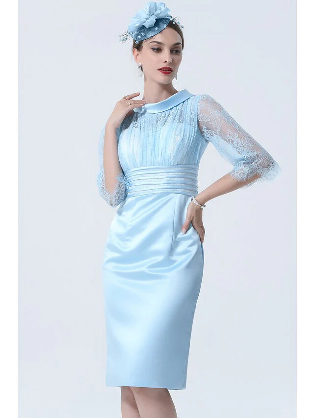 Wholesale Mother of the Bride Dress See Through Jewel Neck Knee Length Charmeuse Half Sleeve with Lace Sash Ribbon