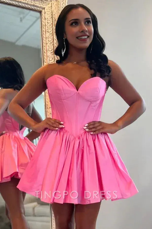 TingPo Wholesale Elegant Hot A-Line Strapless Sleeveless Pleated Back Zipper Short Homecoming Dress Mini Evening Party Dress formal wear dresses