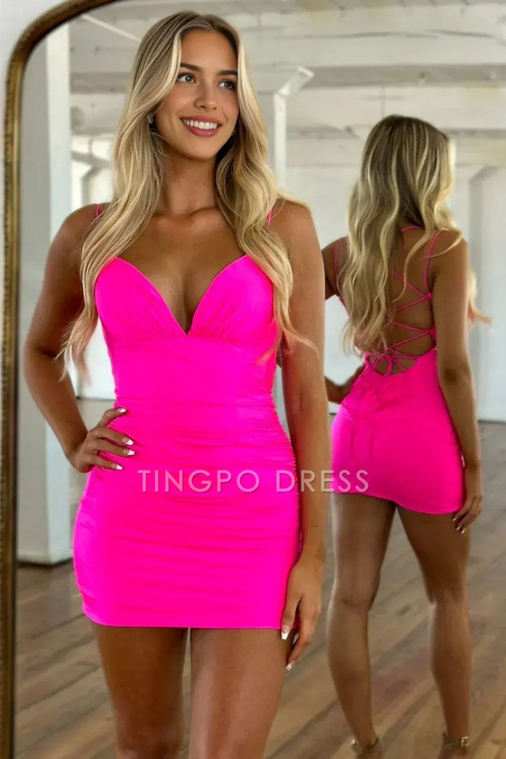 TingPo Wholesale Hot Pink Bodycon Spaghetti Straps Lace Up Short Satin Homecoming Dress formal wear dresses