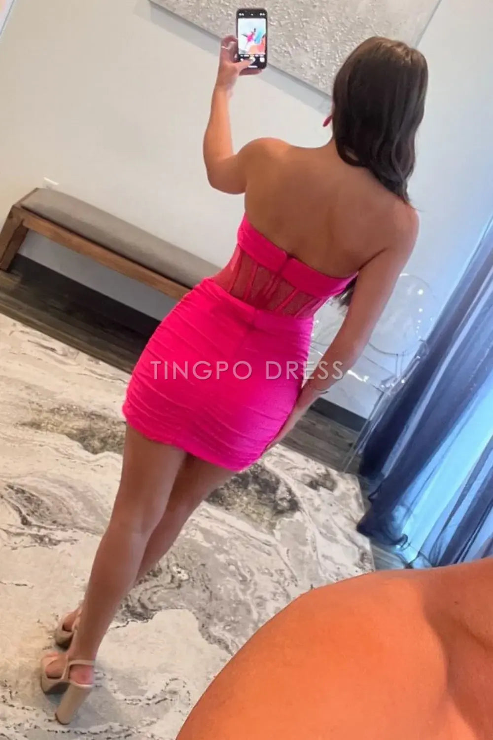 TingPo Wholesale Elegant Hot Pink Bodycon Strapless Zipper Back Short Satin Homecoming Dress formal wear dresses