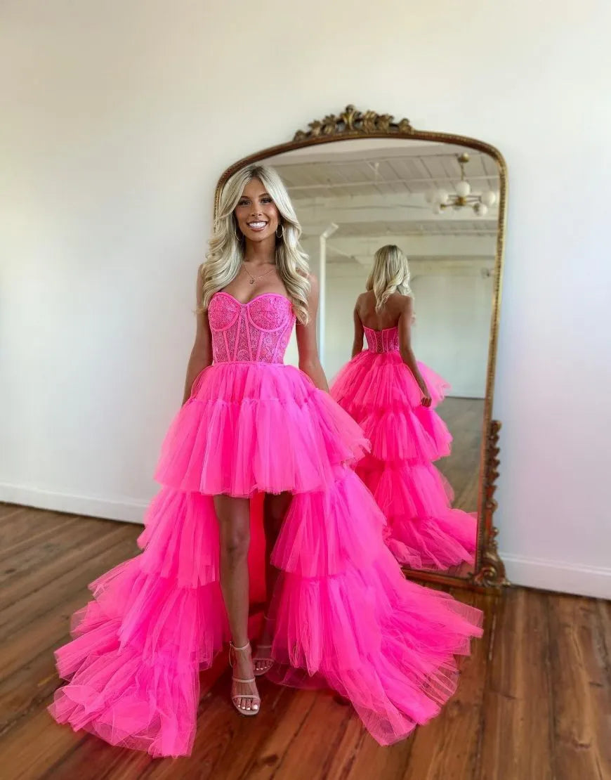 Wholesale Hot Pink High Low Sweetheart Tiered Prom Dress prom dresses shops