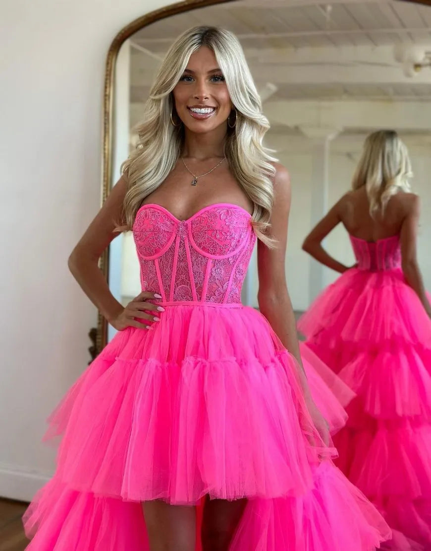Wholesale Hot Pink High Low Sweetheart Tiered Prom Dress prom dresses shops