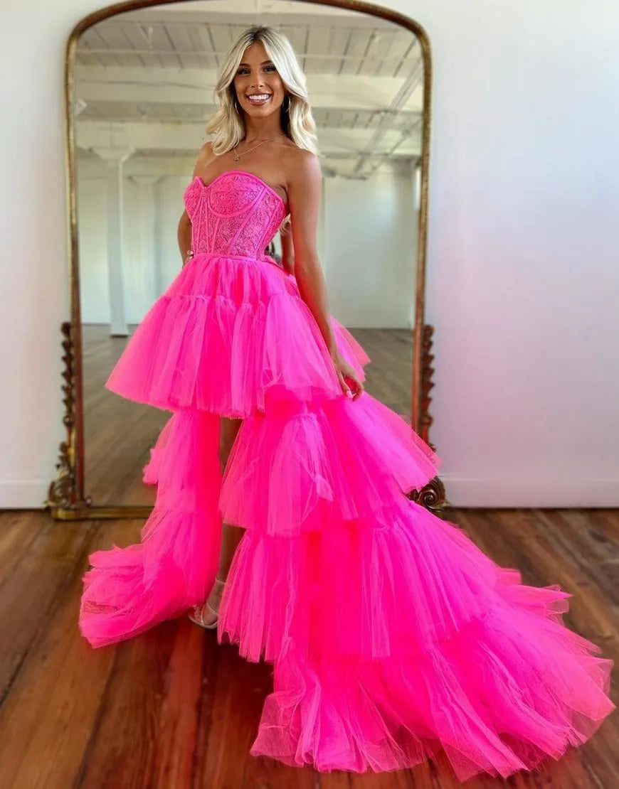 Wholesale Hot Pink High Low Sweetheart Tiered Prom Dress prom dresses shops