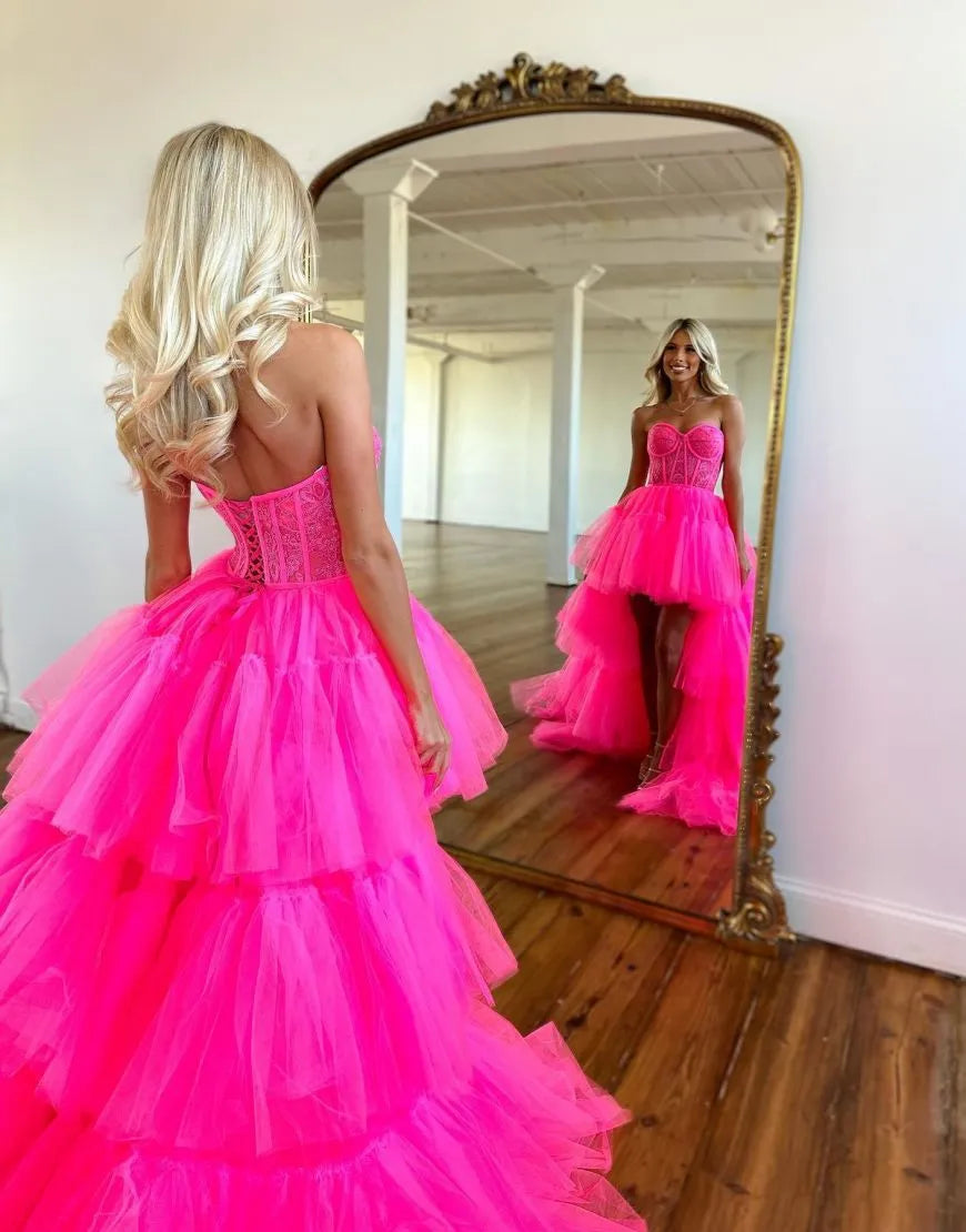 Wholesale Hot Pink High Low Sweetheart Tiered Prom Dress prom dresses shops