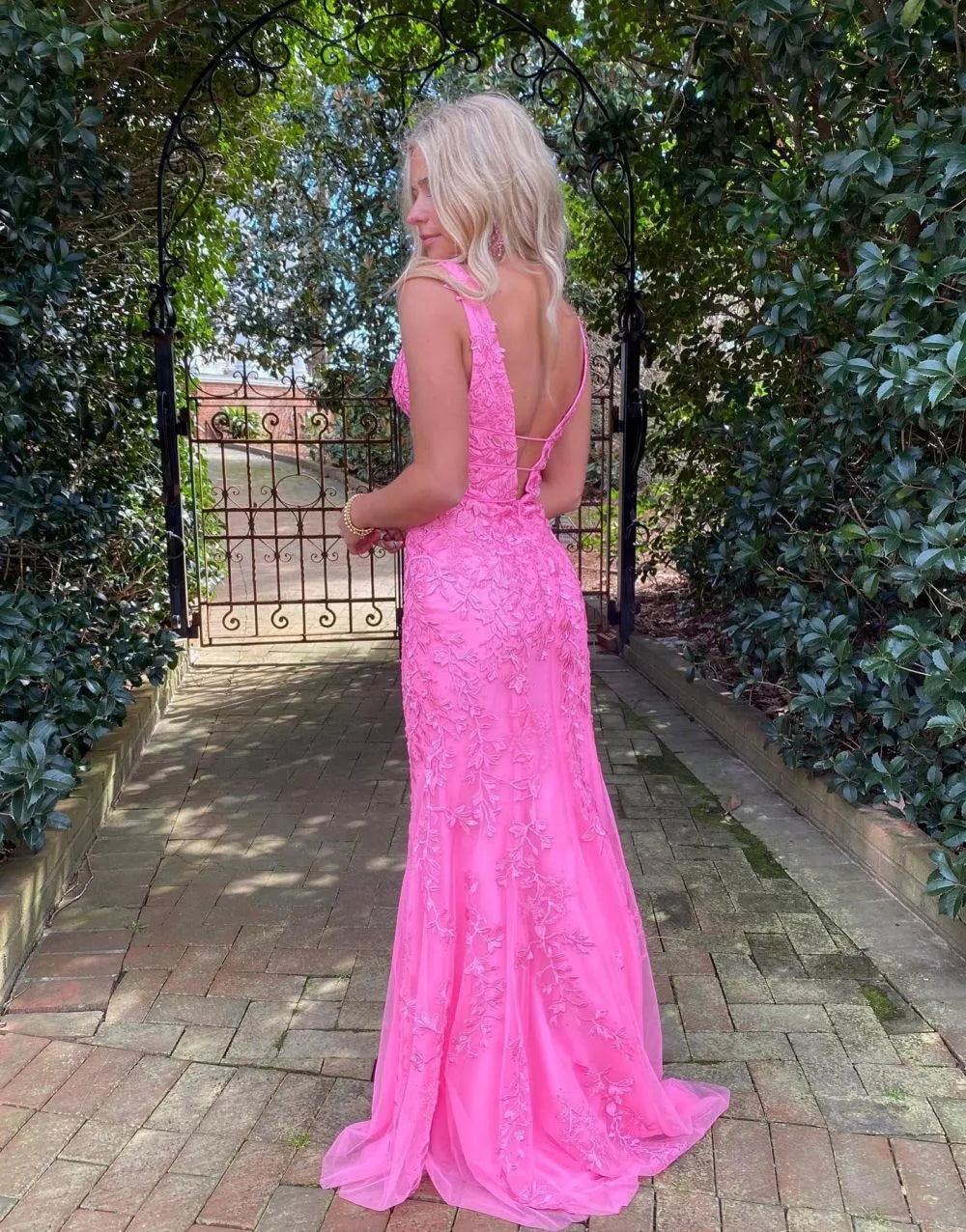 Wholesale Hot Pink Mermaid Deep V-Neck Prom Dress With Appliques long prom dresses with sleeves