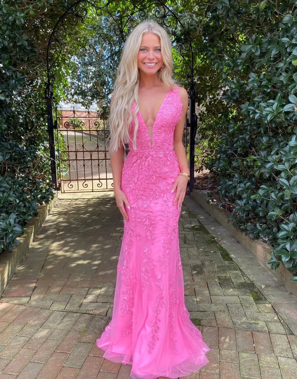 Wholesale Hot Pink Mermaid Deep V-Neck Prom Dress With Appliques long prom dresses with sleeves