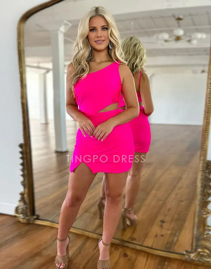 TingPo Wholesale Hot Pink One Shoulder Cutout Waist Tight Satin Homecoming Dress