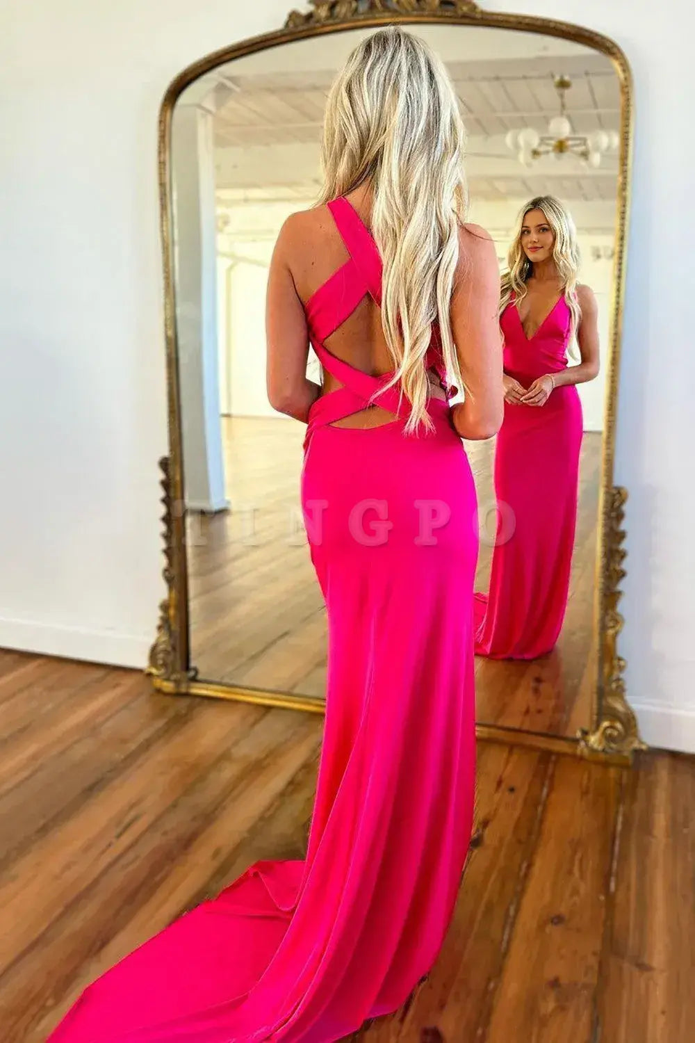 Wholesale Hot Pink V-Neck Cross Back Long Satin Corset Prom Party Dress prom dress in store