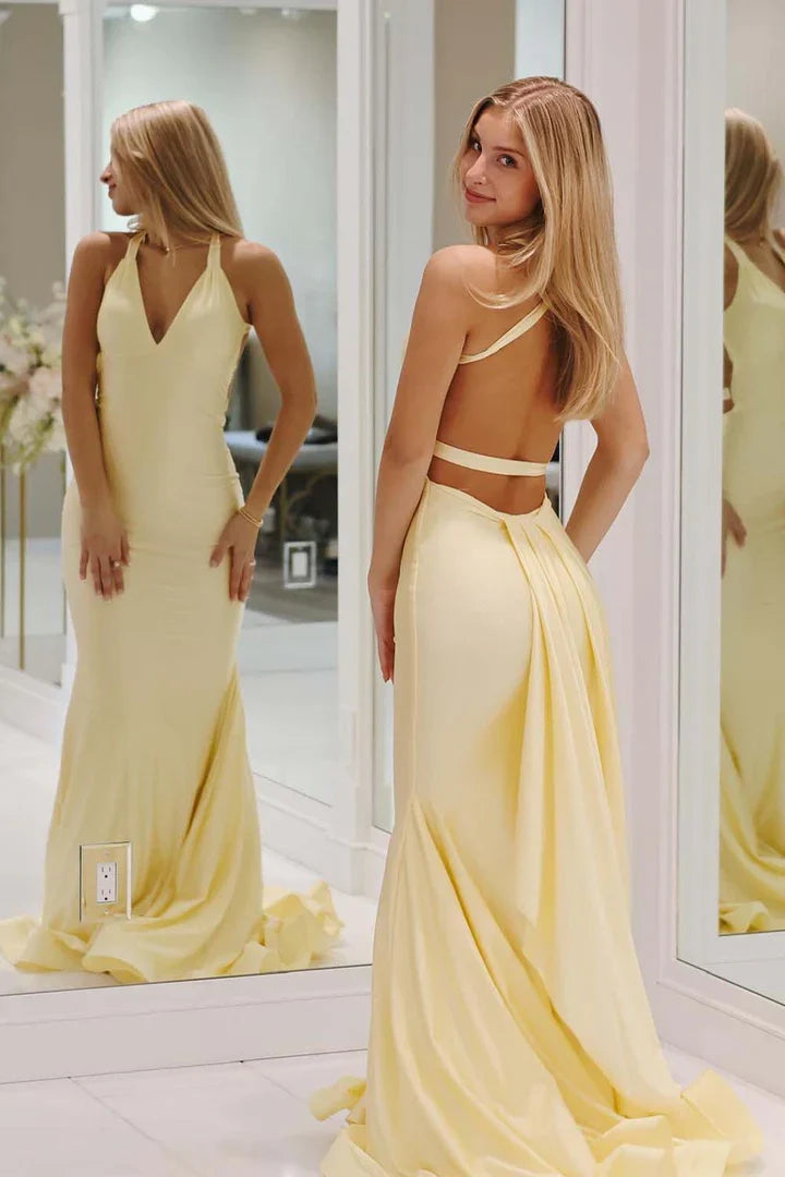 TingPo Wholesale Hot Selling Mermaid Deep V Neck Yellow Long Prom Dress with Split Front