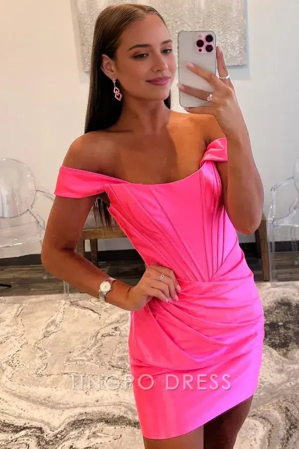 TingPo Wholesale Elegant Hot Sheath Off Shoulder Sleeveless Pleated Hot Pink Satin Mini Evening Dress Homecoming Dress Short Party Gown formal wear dresses