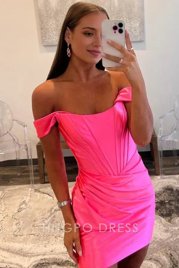 TingPo Wholesale Elegant Hot Sheath Off Shoulder Sleeveless Pleated Hot Pink Satin Mini Evening Dress Homecoming Dress Short Party Gown formal wear dresses