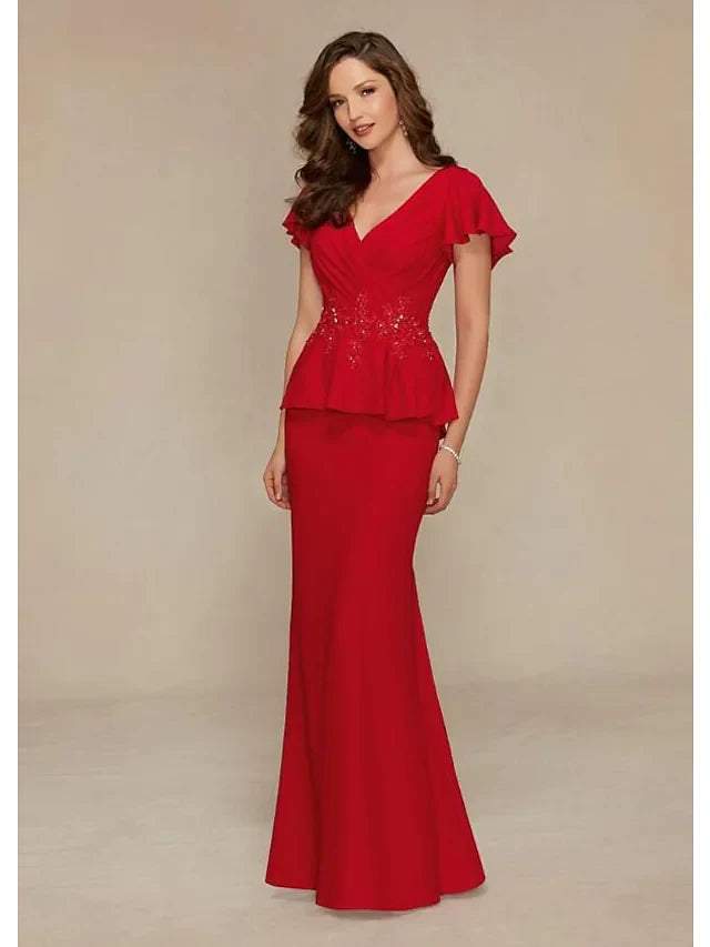 Wholesale Mother of the Bride Dress Elegant & Luxurious Plunging Neck Jersey Short Sleeve with Beading Embroidery Ruching