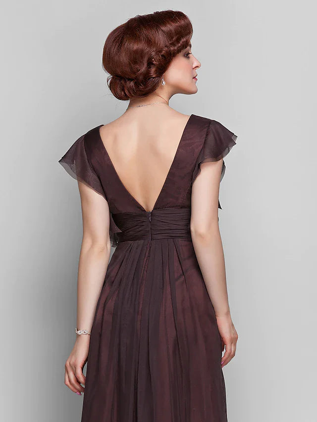 Wholesale Mother of the Bride Dress Beautiful Back V Neck Floor Length Chiffon Short Sleeve with Criss Cross Ruched Draping