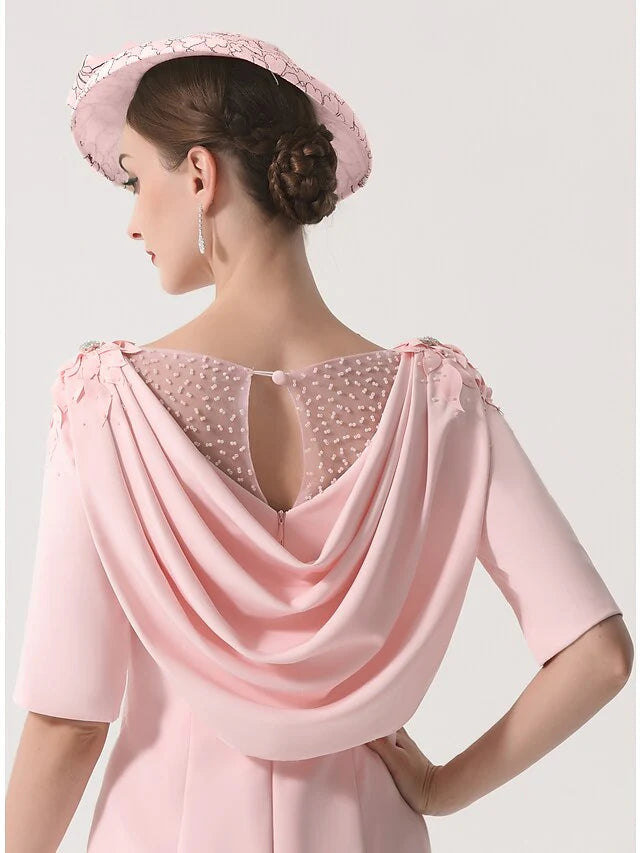 Wholesale Mother of the Bride Dress Elegant Jewel Neck Knee Length Stretch Satin Half Sleeve with Appliques