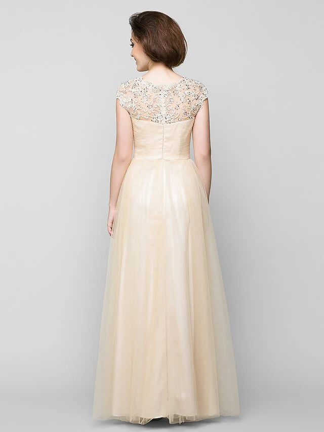Wholesale A-Line Mother of the Bride Dress See Through Jewel Neck Floor Length Tulle Sleeveless with Criss Cross Beading