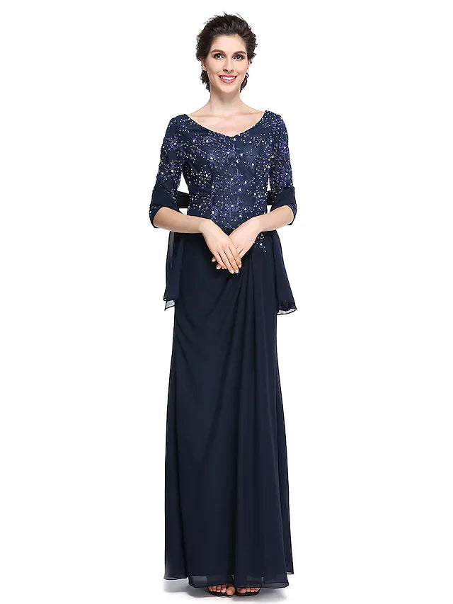 Wholesale Mother of the Bride Dress Elegant V Neck Ankle Length Chiffon Lace Half Sleeve with Lace