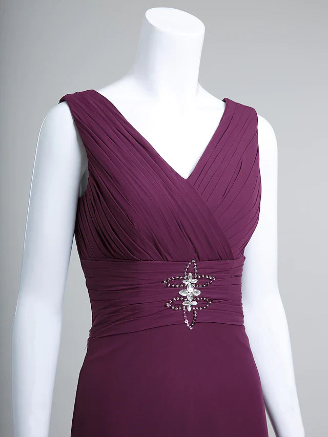 Wholesale Mother of the Bride Dress V Neck Floor Length Chiffon 3/4 Length Sleeve with Criss Cross Crystals