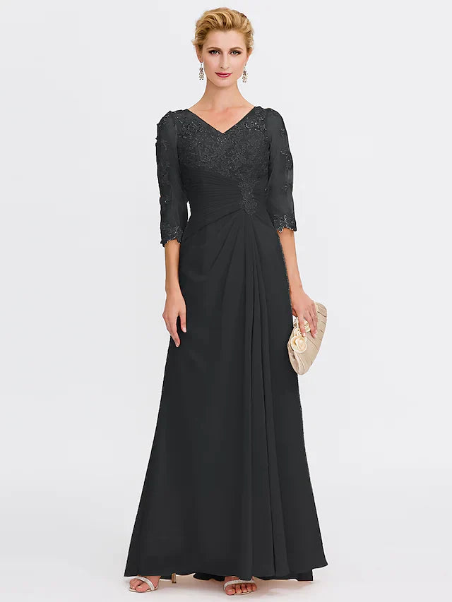 Wholesale Mother of the Bride Dress Elegant See Through V Neck Floor Length Chiffon Sheer Lace Half Sleeve with Appliques Side Draping