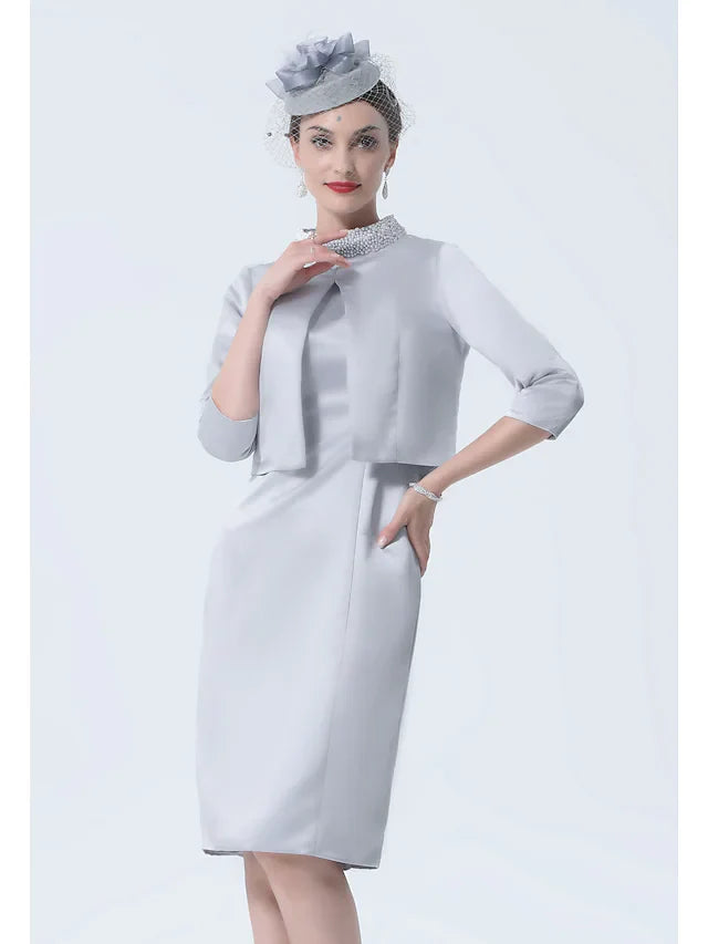 Wholesale Mother of the Bride Dress Plus Size Elegant Vintage High Neck Knee Length Satin 3/4 Length Sleeve with Crystals Appliques