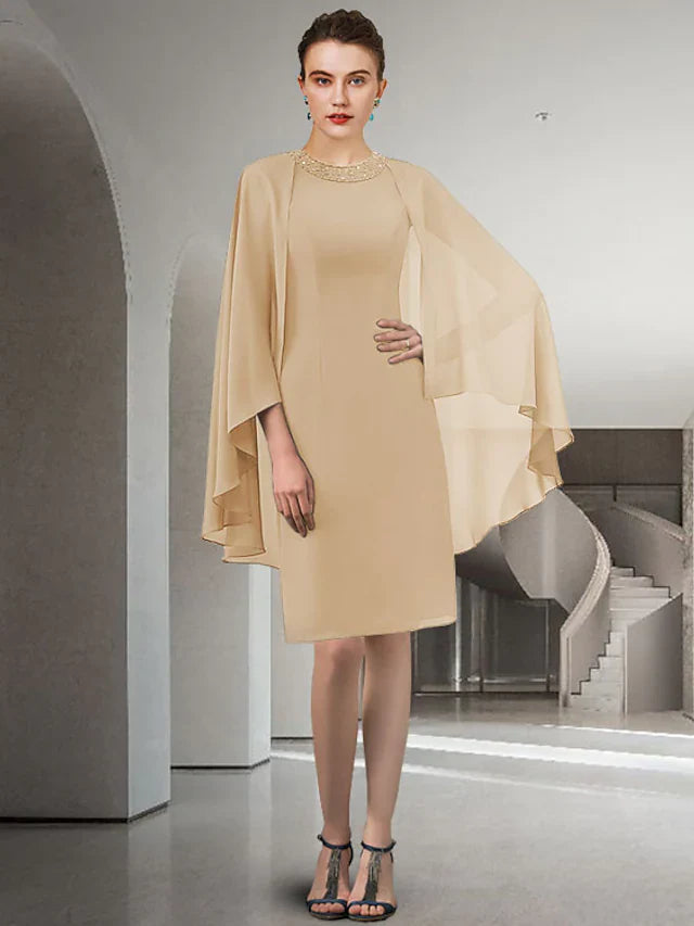 Wholesale Mother of the Bride Dress Elegant Jewel Neck Knee Length Chiffon Long Sleeve with Beading Ruffles