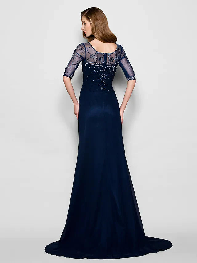 Wholesale A-Line Mother of the Bride Dress See Through Jewel Neck Chiffon Tulle Half Sleeve with Ruched Crystals Beading