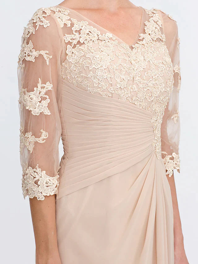 Wholesale Mother of the Bride Dress Elegant See Through V Neck Floor Length Chiffon Sheer Lace Half Sleeve with Appliques Side Draping
