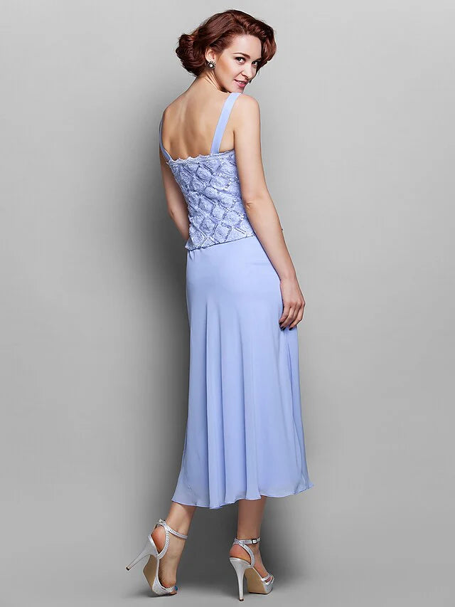 Wholesale Mother of the Bride Dress Wrap Included Straps Tea Length Chiffon Lace Long Sleeve with Lace
