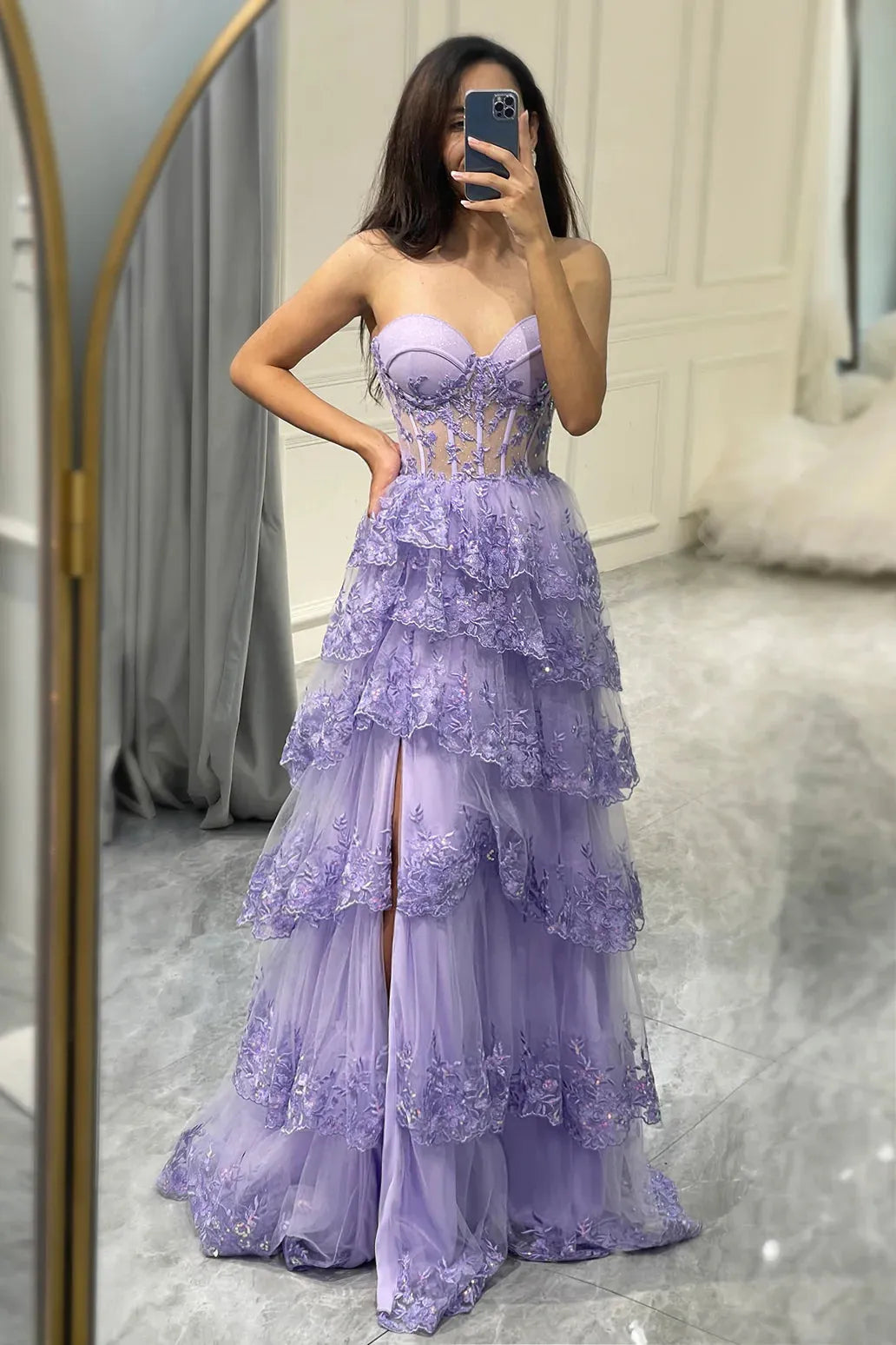 Wholesale Glitter Purple A-Line Sweetheart Long Tiered Prom Dress With Slit prom dresses with long sleeves