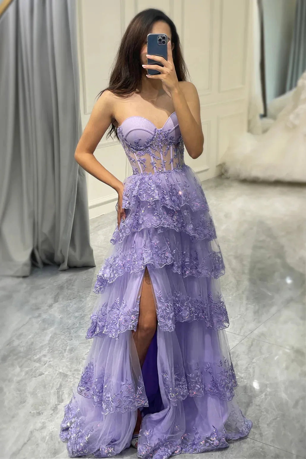 Wholesale Glitter Purple A-Line Sweetheart Long Tiered Prom Dress With Slit prom dresses with long sleeves