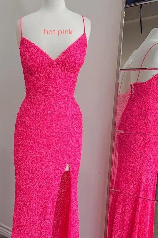 Wholesale Sexy Mermaid Sequins Spaghetti Straps Long Prom Party Dress With Slit