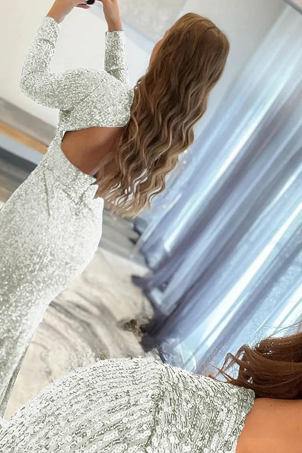 Wholesale Mermaid Glitter White Sequins Mesh Evening Dress Backless Prom Dress prom dresses shops
