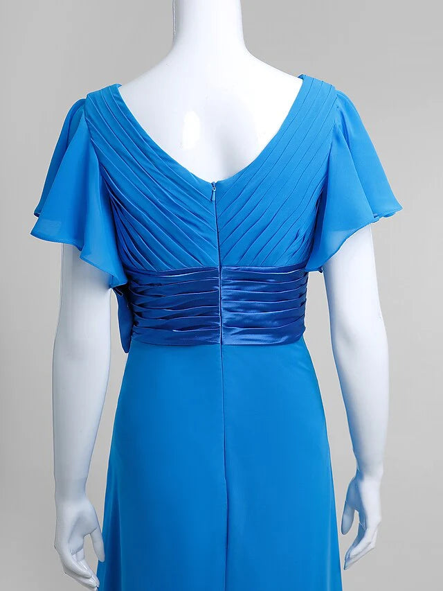 Wholesale Mother of the Bride Dress Elegant V Neck Floor Length Chiffon Short Sleeve with Criss Cross Crystals