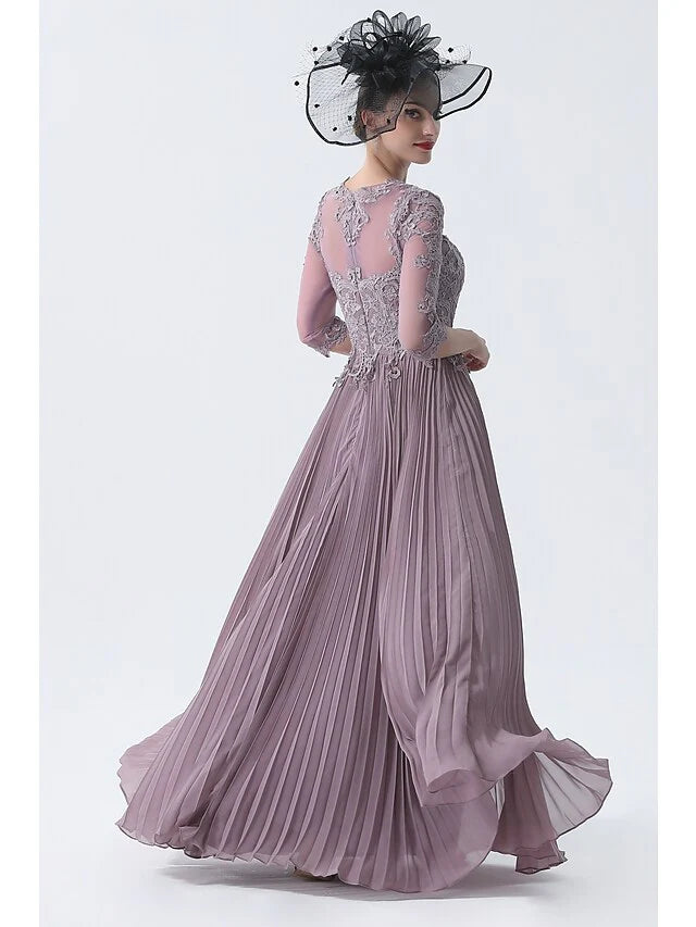 Wholesale A-Line Mother of the Bride Dress Plus Size Elegant See Through Bateau Neck Chiffon Lace Half Sleeve with Sash Ribbon Appliques