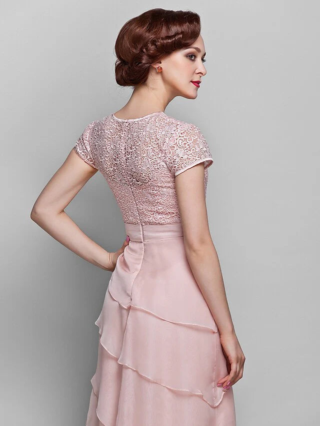 Wholesale Mother of the Bride Dress Jewel Neck Floor Length Chiffon Lace Short Sleeve with Lace Ruffles