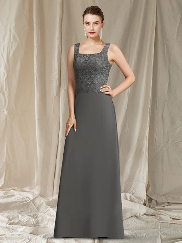 Wholesale Mother of the Bride Dress Elegant Wrap Included Square Neck Floor Length Chiffon Lace Sleeveless with Lace