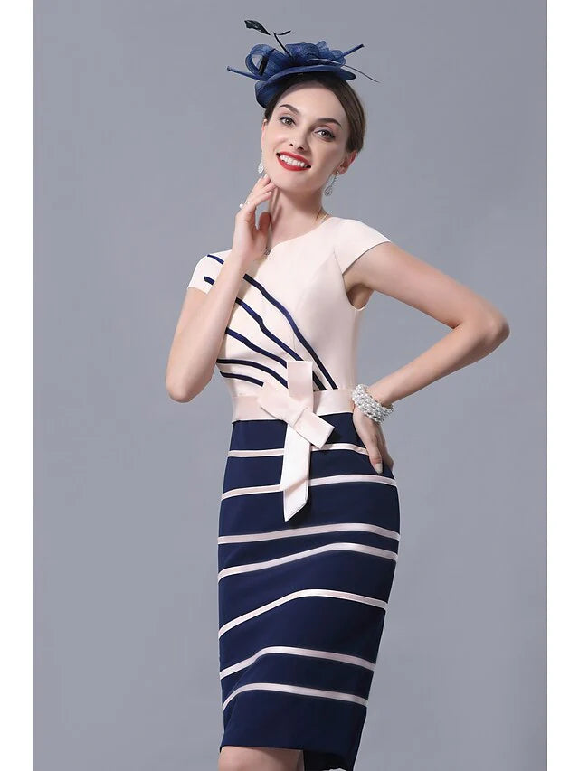 Wholesale Mother of the Bride Dress Elegant Jewel Neck Knee Length Satin 3/4 Length Sleeve with Sash Ribbon Bow(s)