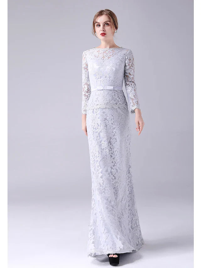 Wholesale Mother of the Bride Dress Elegant Sweet Jewel Neck Floor Length Lace Long Sleeve with Sash Ribbon Bow(s)