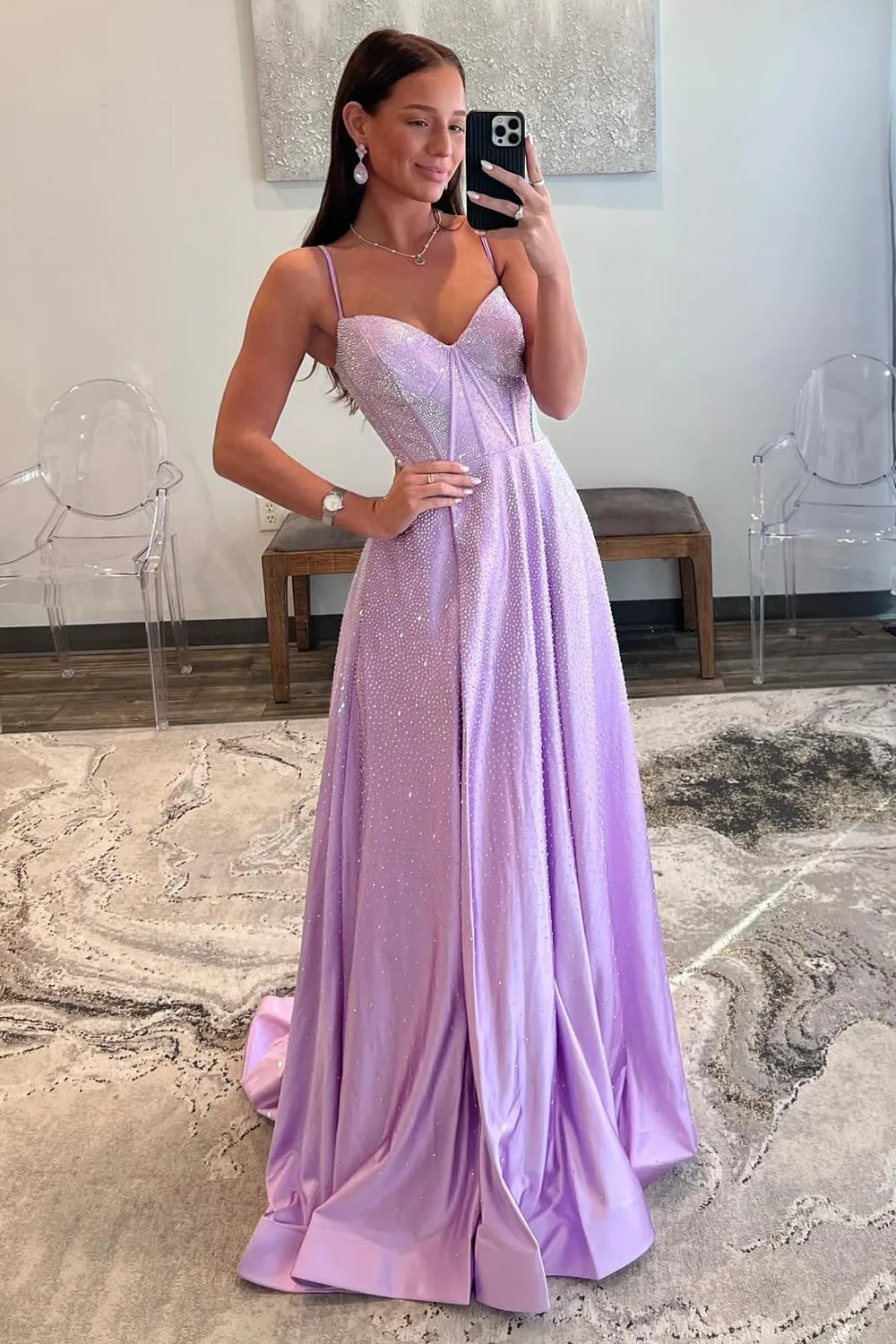 Wholesale Lilac Glitter A-Line Spaghetti Straps Long Beaded Prom Dress with Slit prom dresses shops