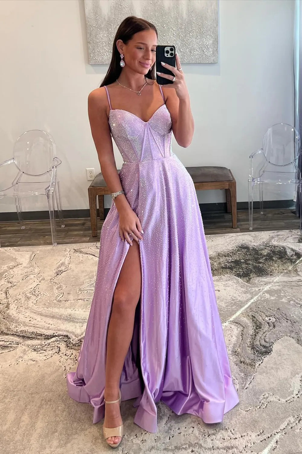 Wholesale Lilac Glitter A-Line Spaghetti Straps Long Beaded Prom Dress with Slit prom dresses shops